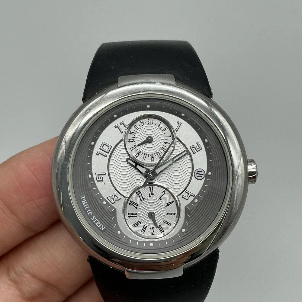 Philip Stein Active Sport Mens Watch 38mm Black Rubber Dual Time New Battery
